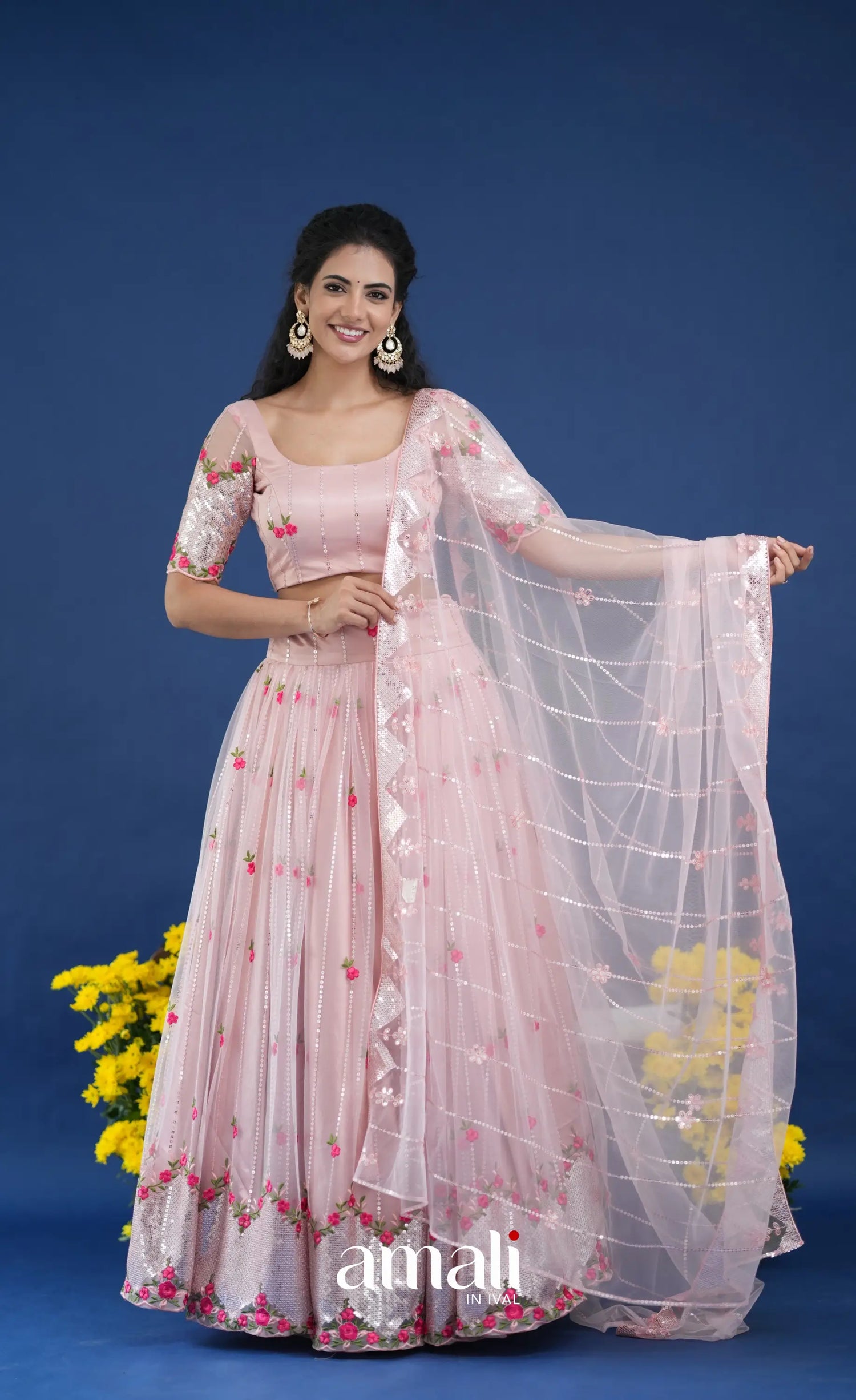 Coral Baby Pink Net Lehenga crop top and skirts