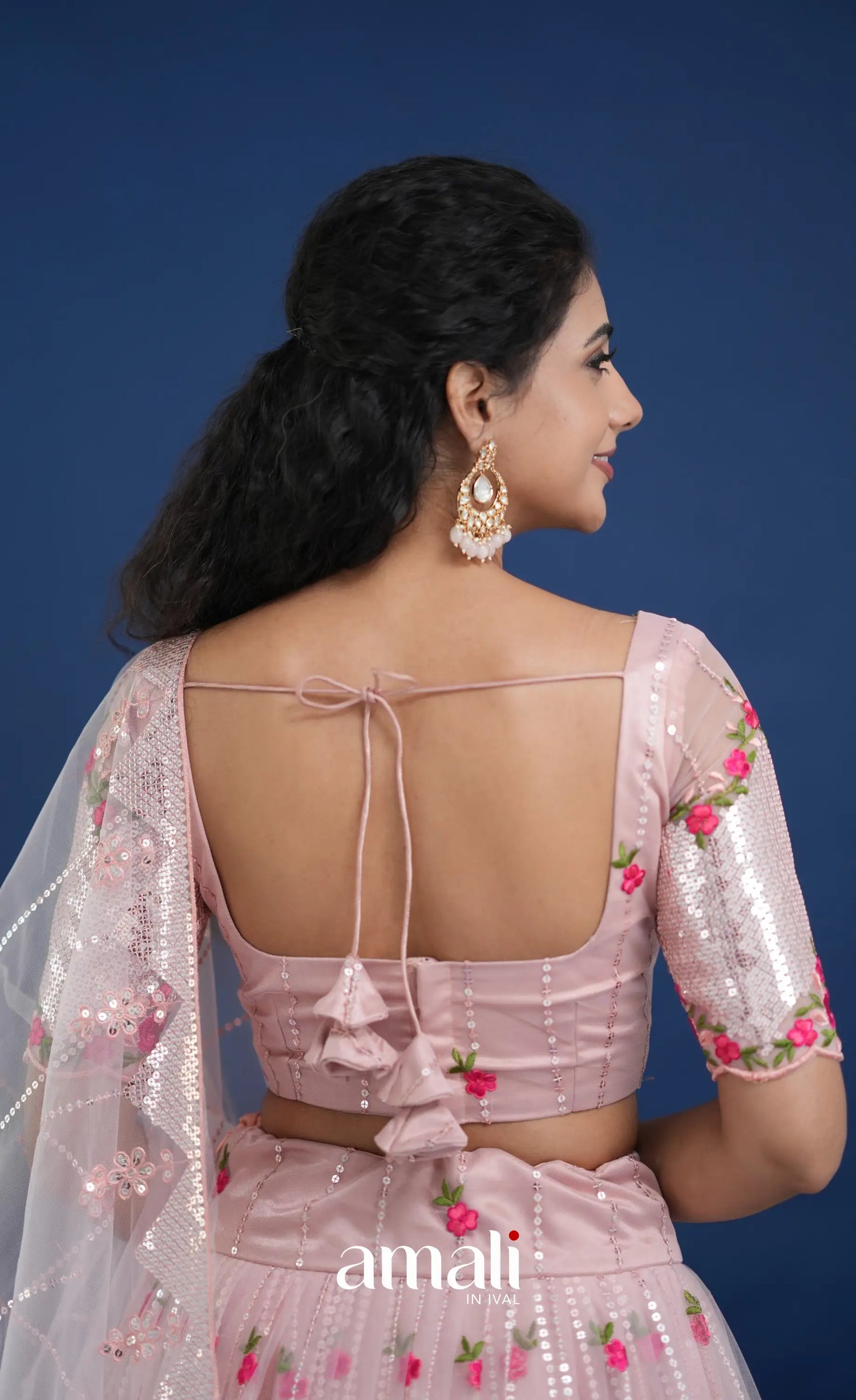 Coral Baby Pink Net Lehenga crop top and skirts