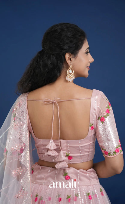Coral Baby Pink Net Lehenga crop top and skirts