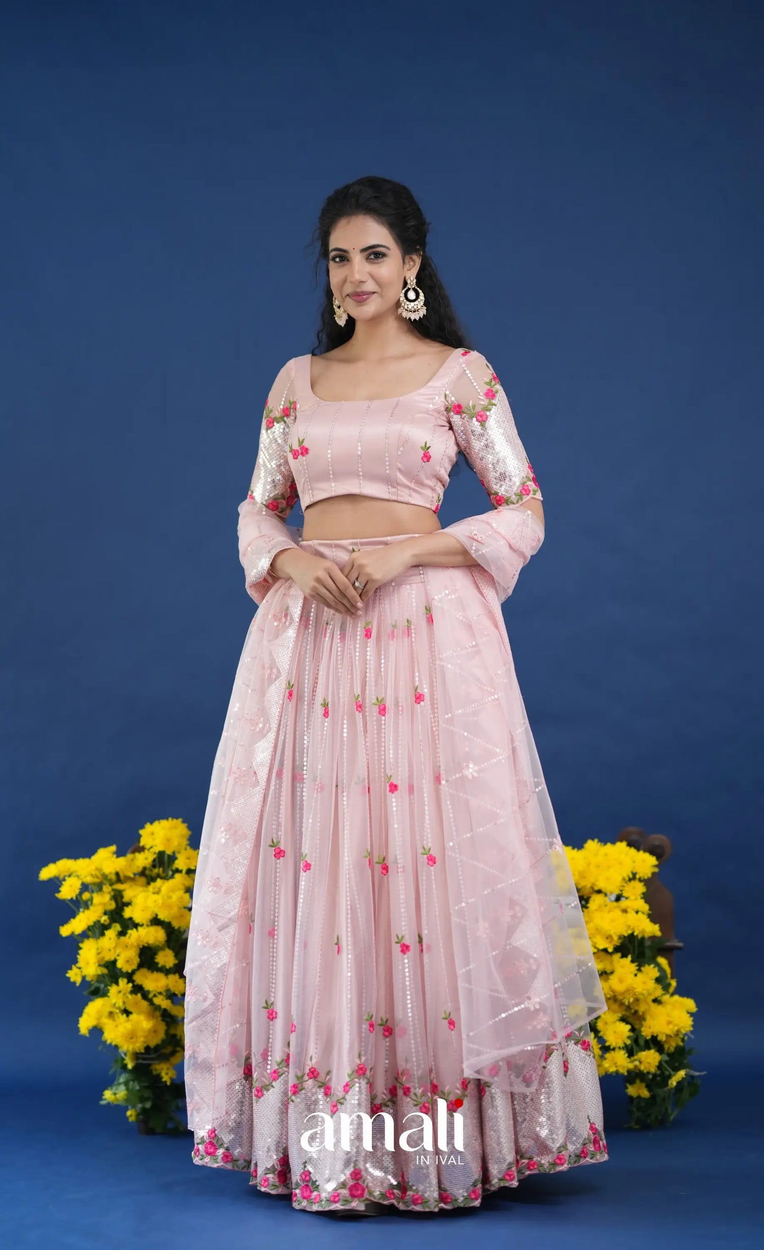 Coral Baby Pink Net Lehenga crop top and skirts