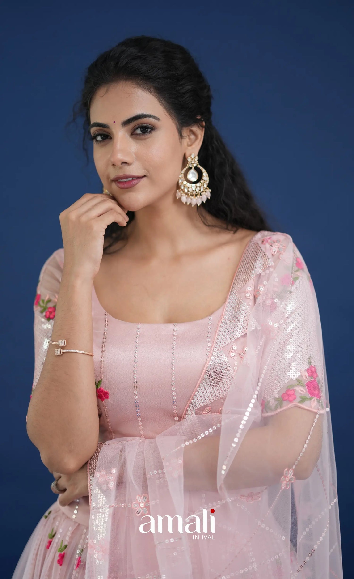 Coral Baby Pink Net Lehenga crop top and skirts