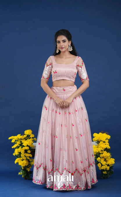 Coral Baby Pink Net Lehenga crop top and skirts