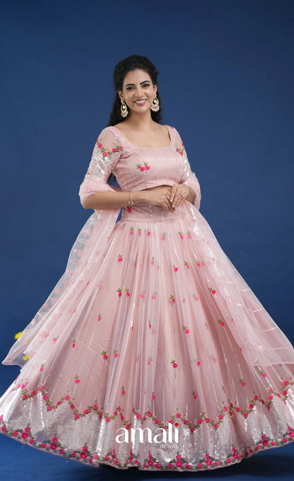 Coral Baby Pink Net Lehenga crop top and skirts