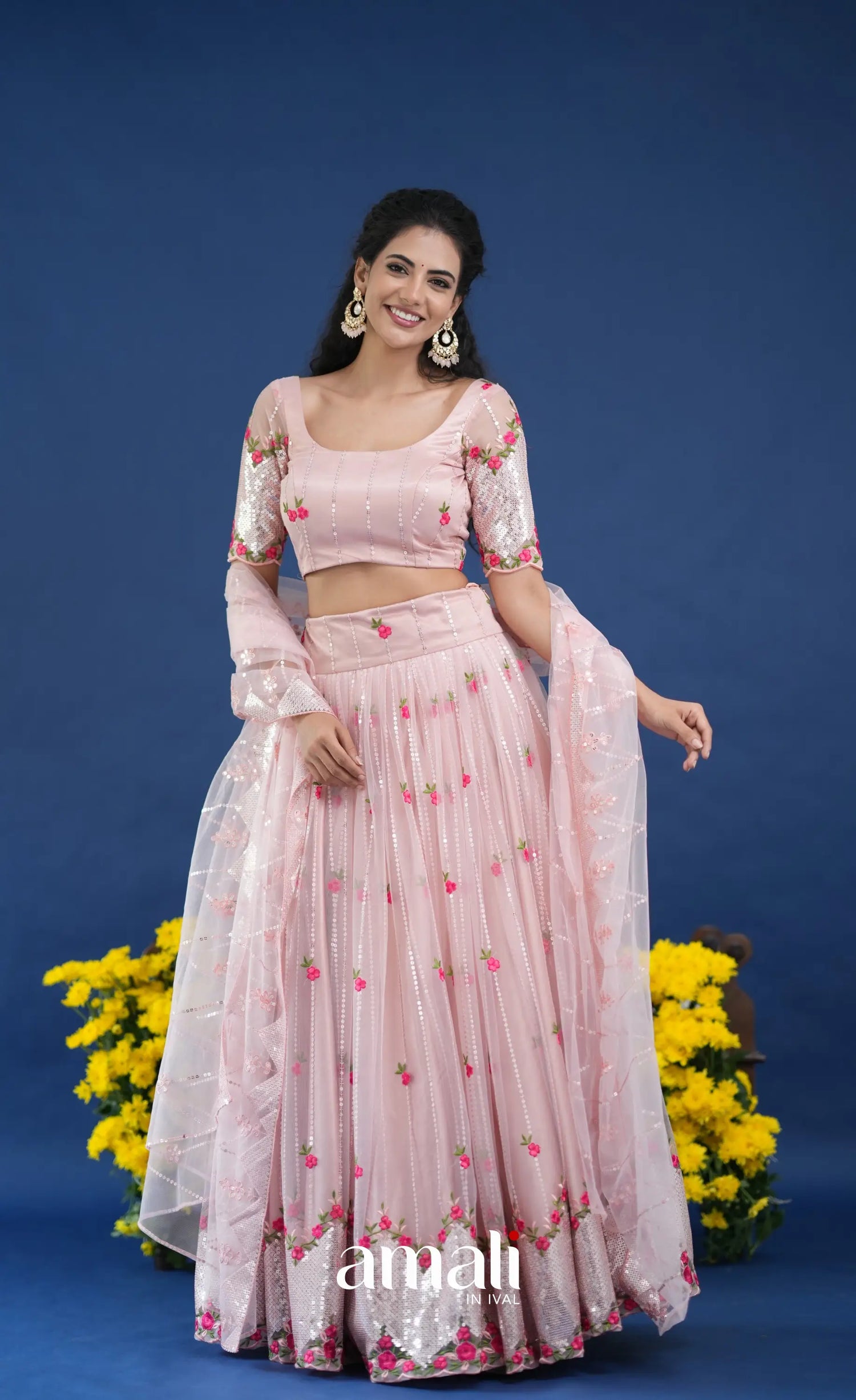Coral Baby Pink Net Lehenga crop top and skirts
