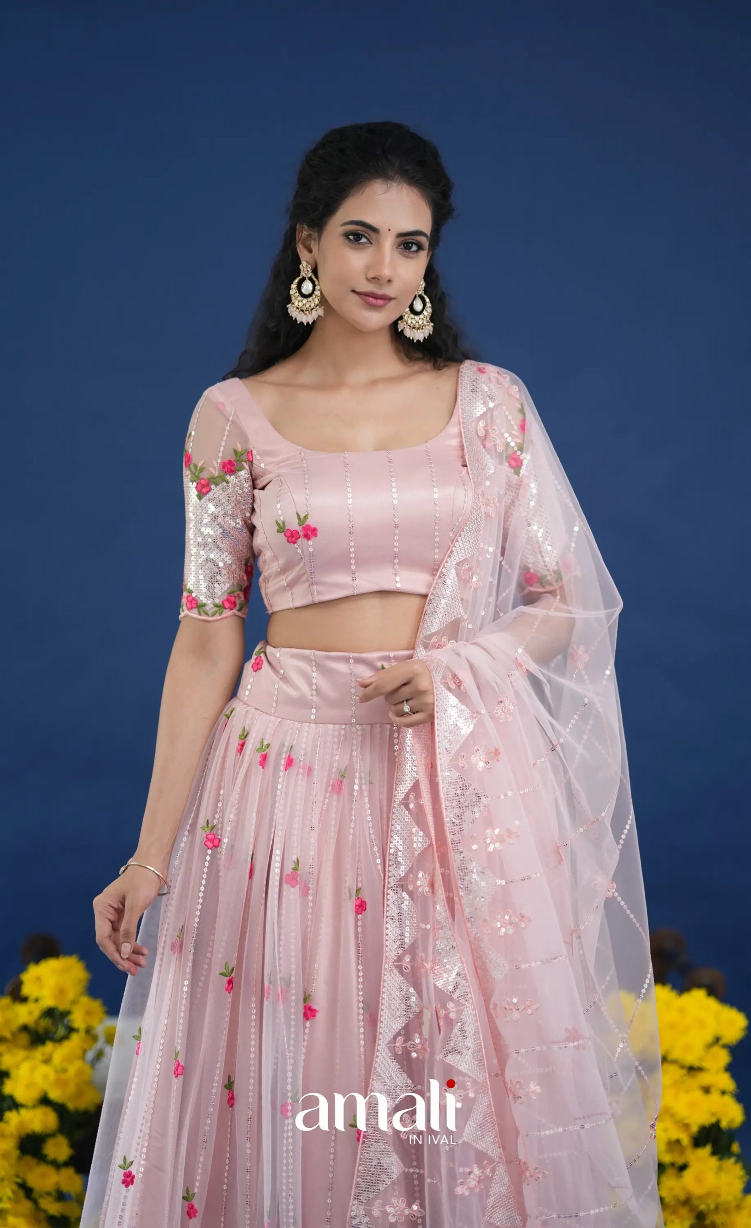 Coral Baby Pink Net Lehenga crop top and skirts