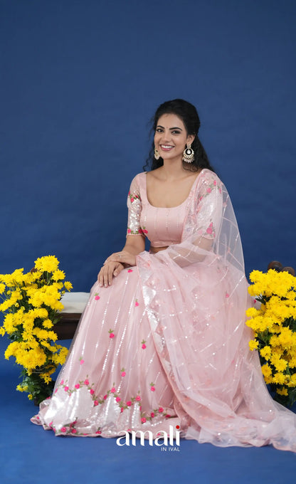 Coral Baby Pink Net Lehenga crop top and skirts