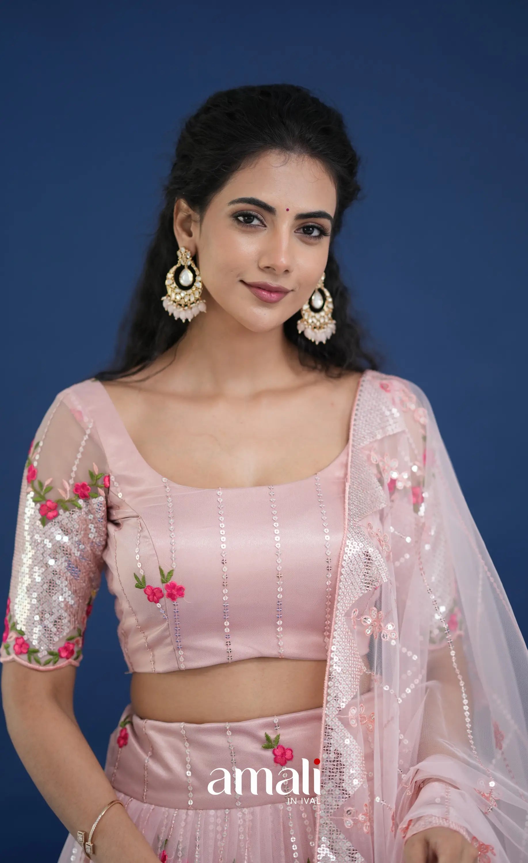 Coral Baby Pink Net Lehenga crop top and skirts
