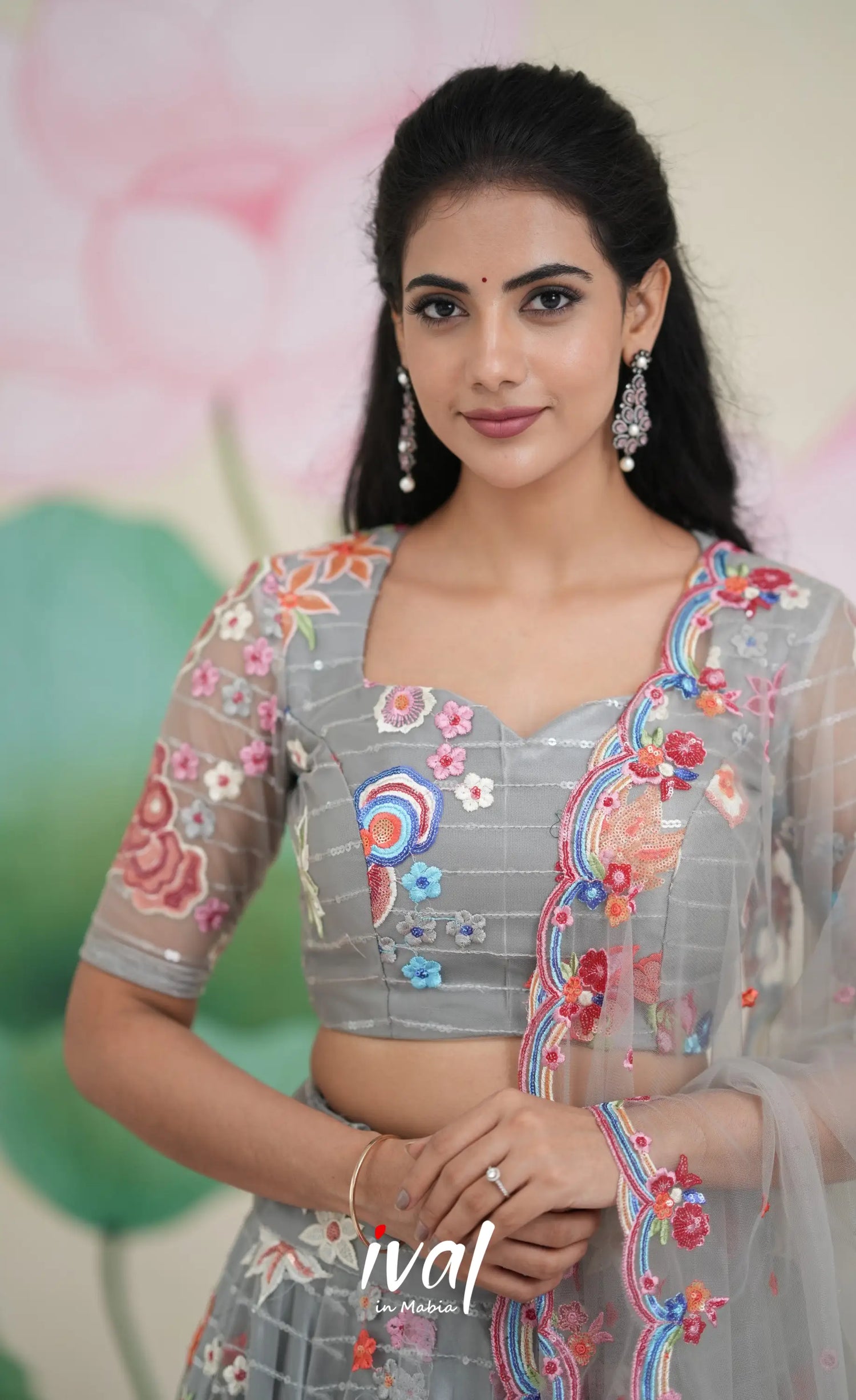 Coral - Grey Net Lehenga crop top and skirts