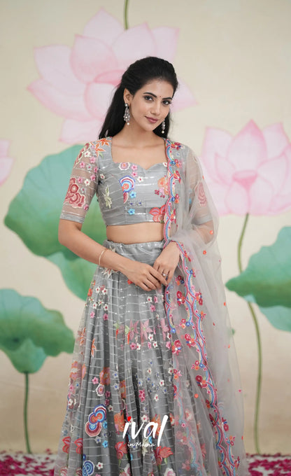Coral - Grey Net Lehenga crop top and skirts
