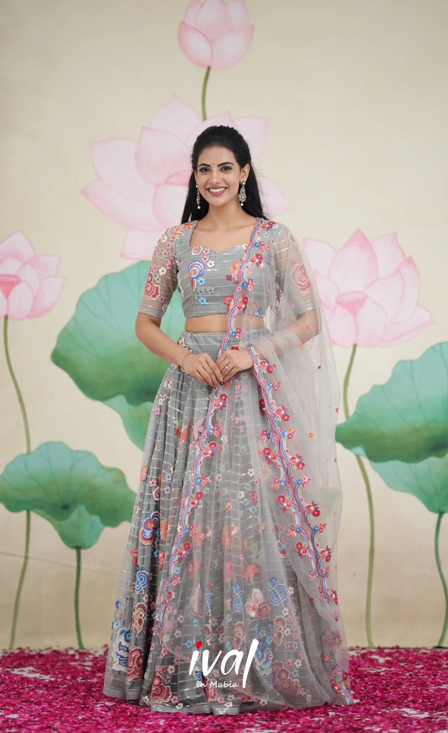 Coral - Grey Net Lehenga crop top and skirts