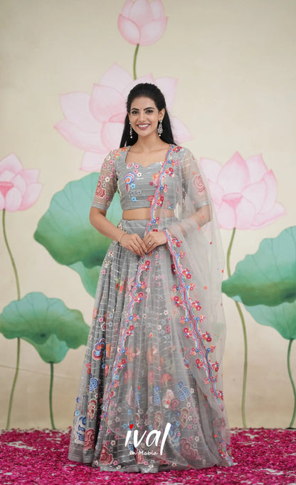 Coral - Grey Net Lehenga crop top and skirts