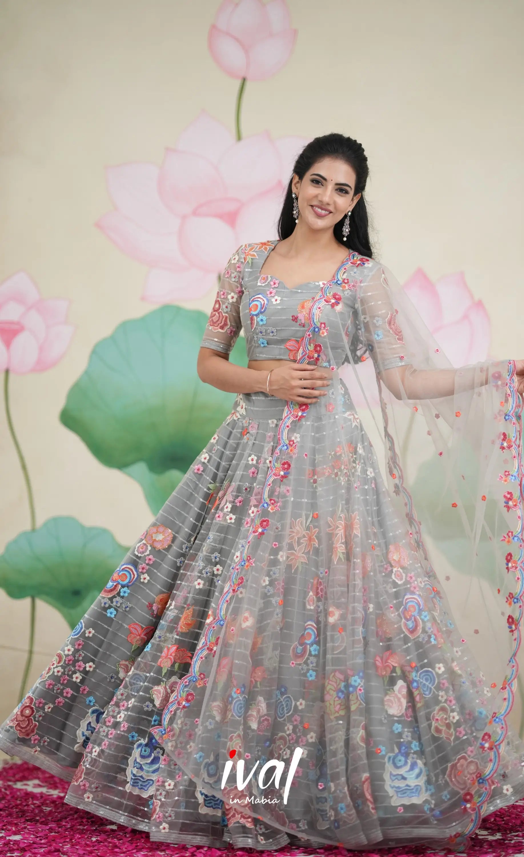 Coral - Grey Net Lehenga crop top and skirts