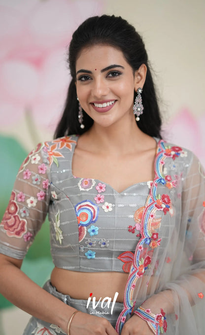 Coral - Grey Net Lehenga crop top and skirts