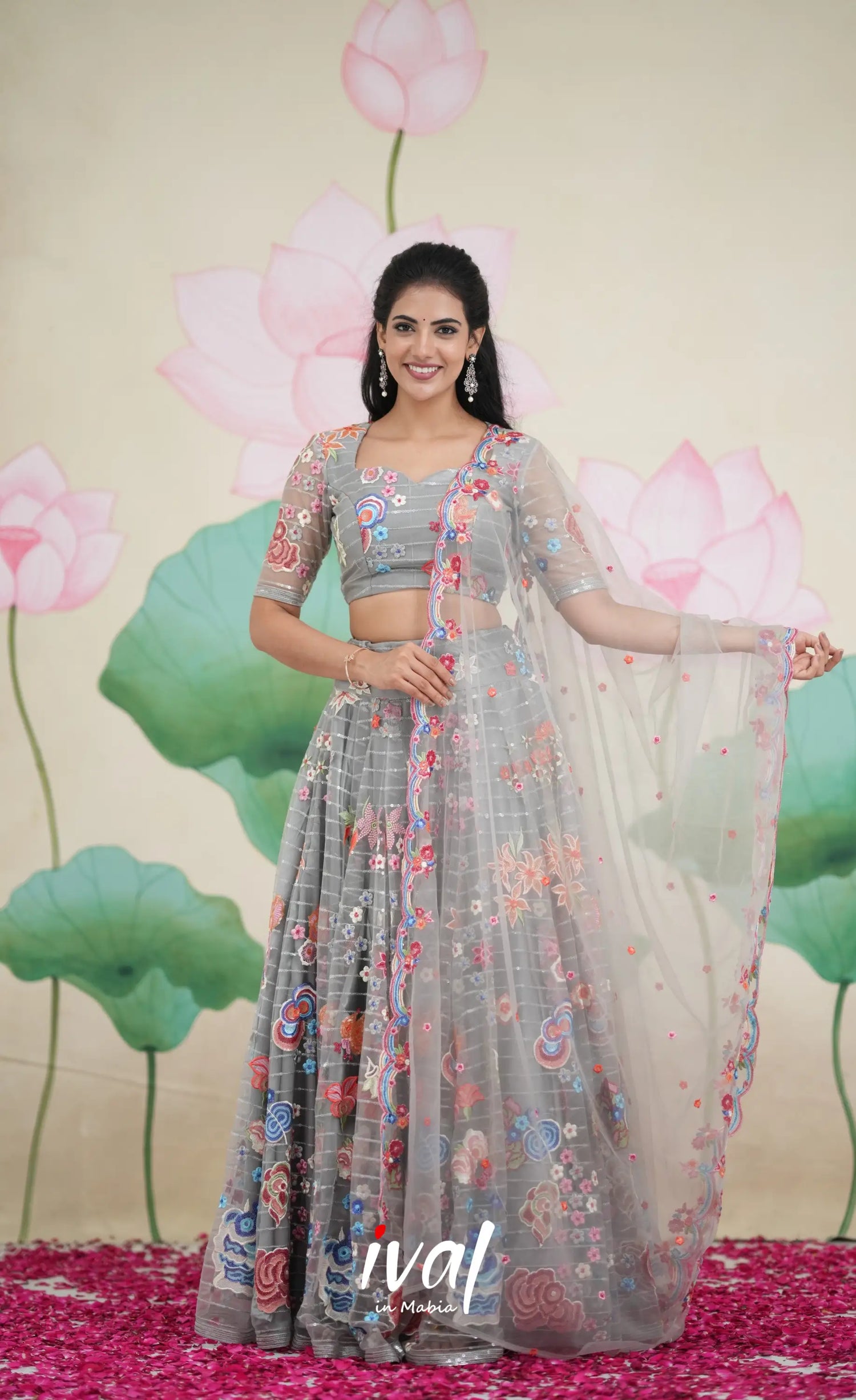 Coral - Grey Net Lehenga crop top and skirts
