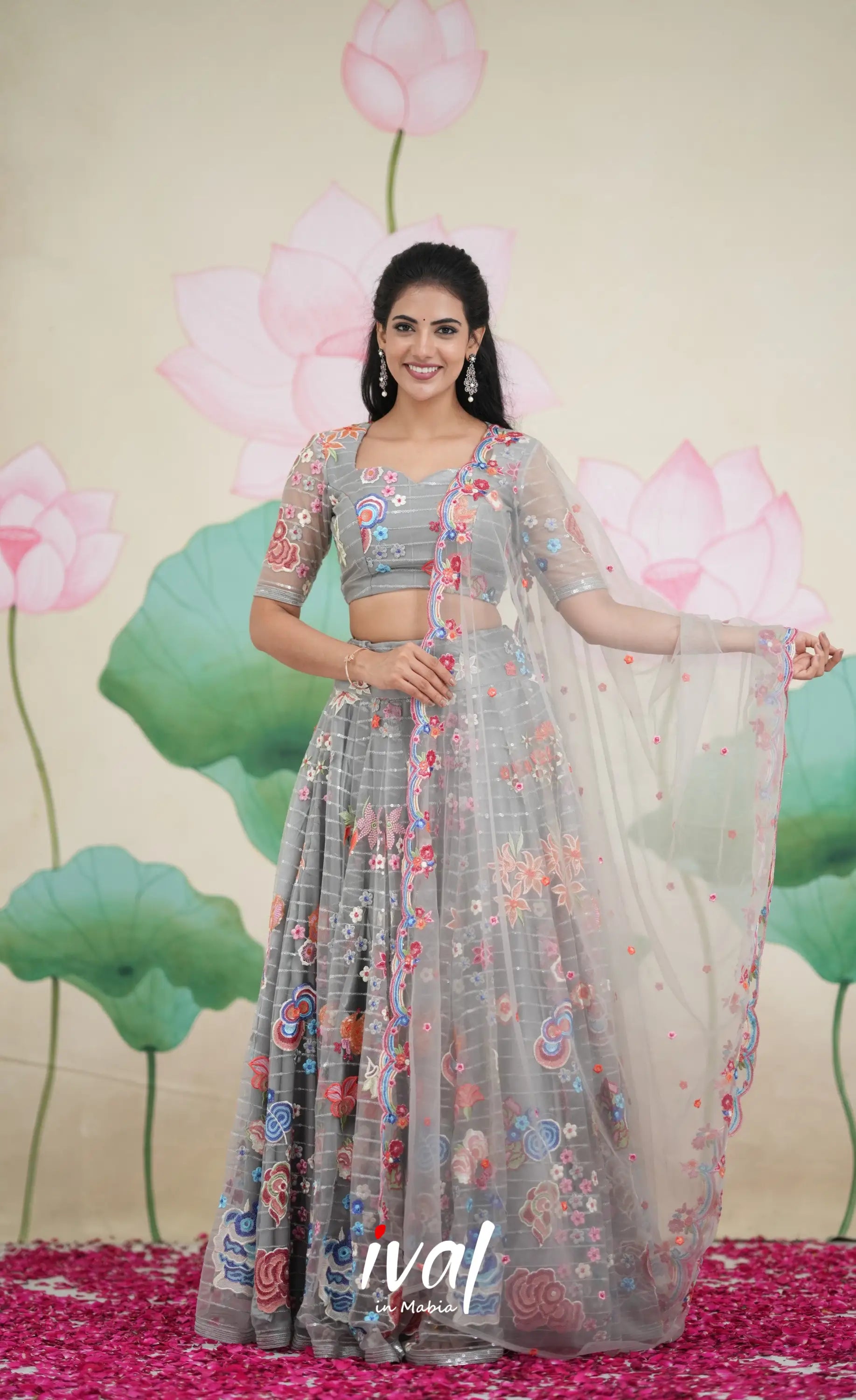 Coral - Grey Net Lehenga crop top and skirts