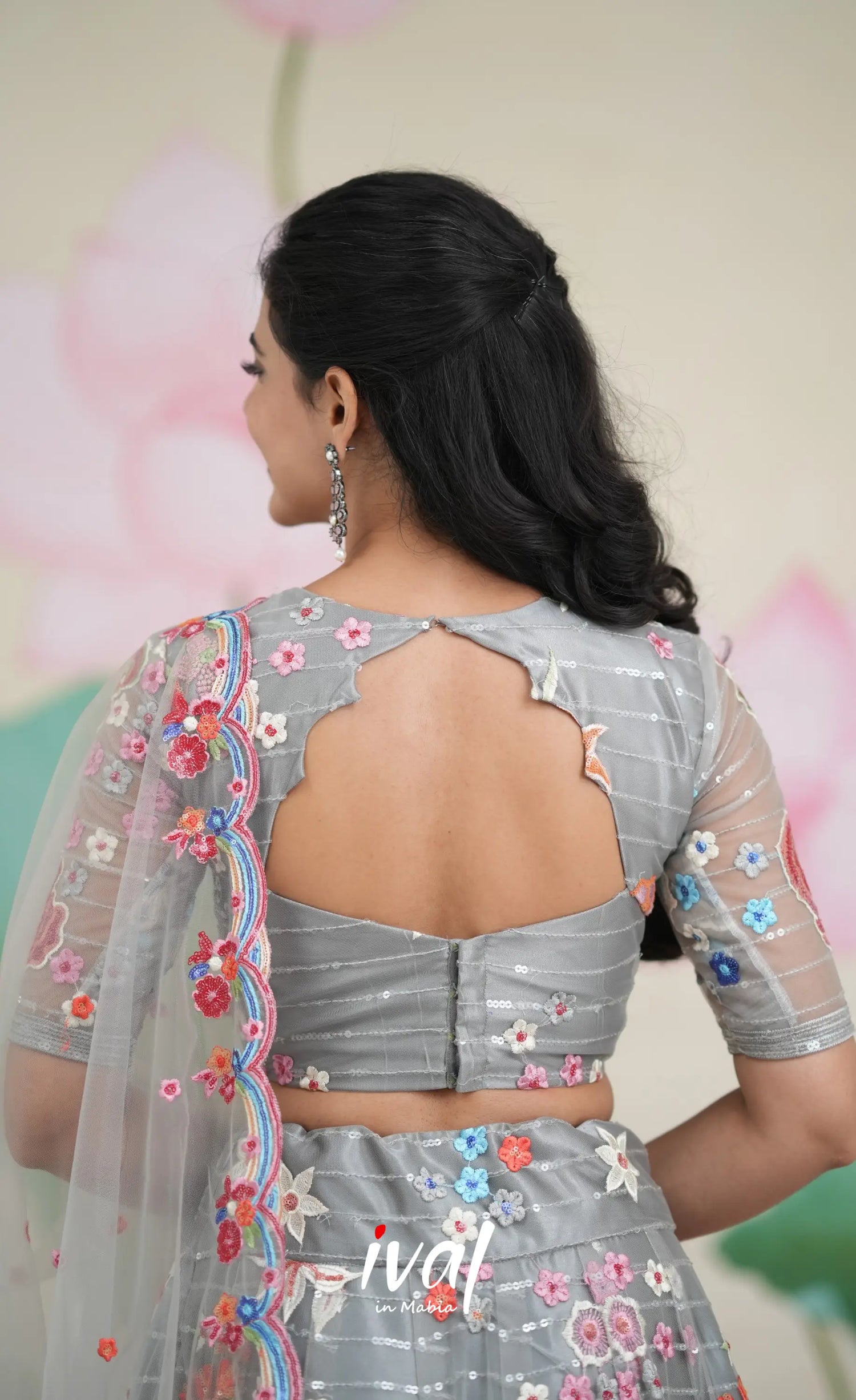 Coral - Grey Net Lehenga crop top and skirts