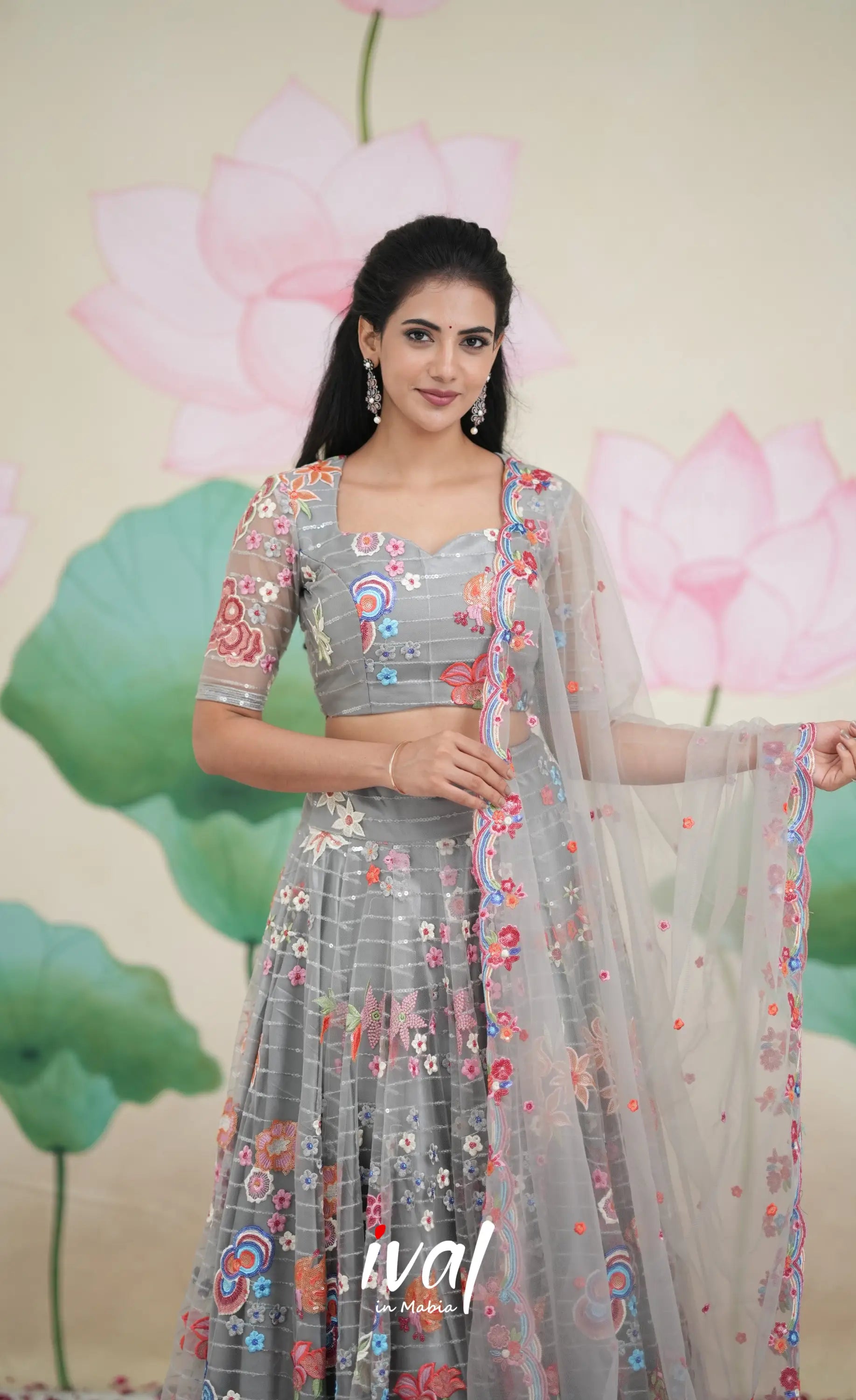 Coral - Grey Net Lehenga crop top and skirts