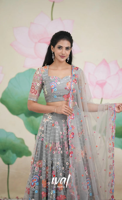 Coral - Grey Net Lehenga crop top and skirts