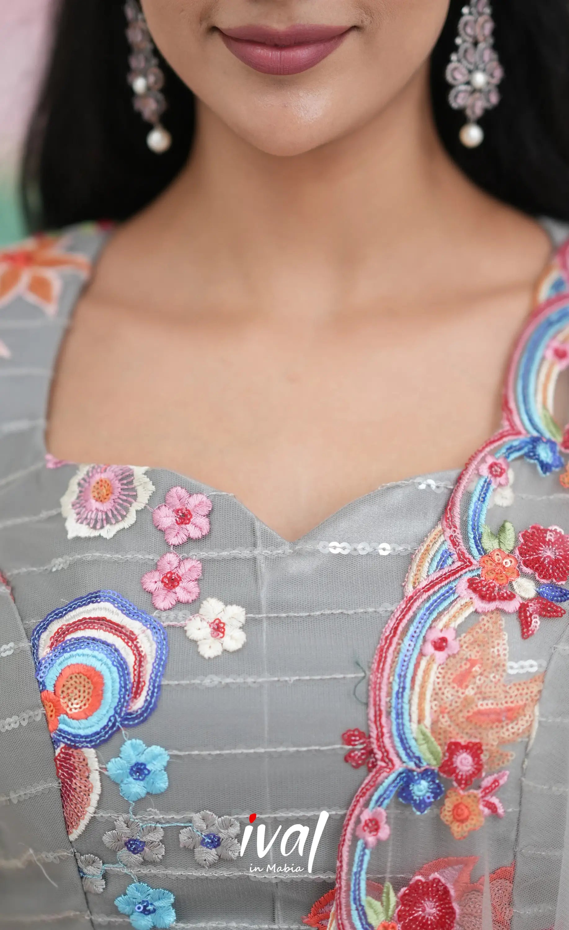 Coral - Grey Net Lehenga crop top and skirts