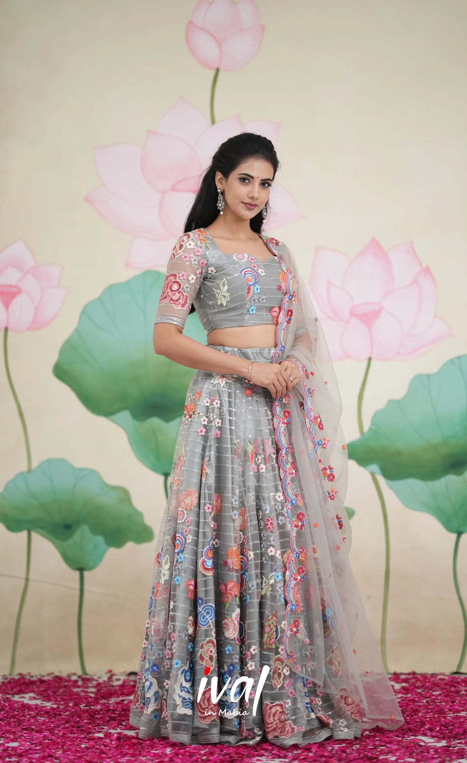 Coral - Grey Net Lehenga crop top and skirts