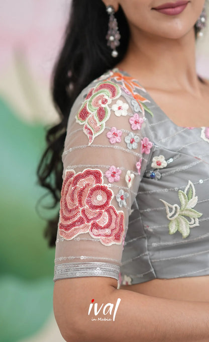 Coral - Grey Net Lehenga crop top and skirts