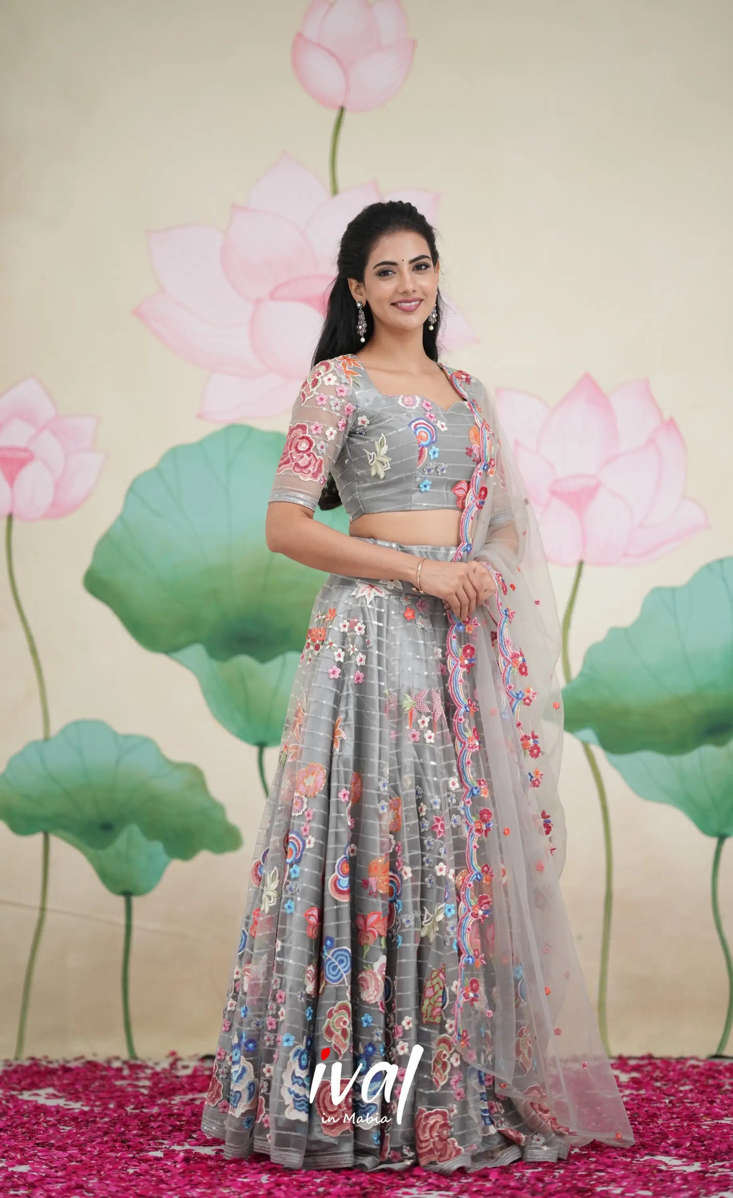 Coral - Grey Net Lehenga crop top and skirts
