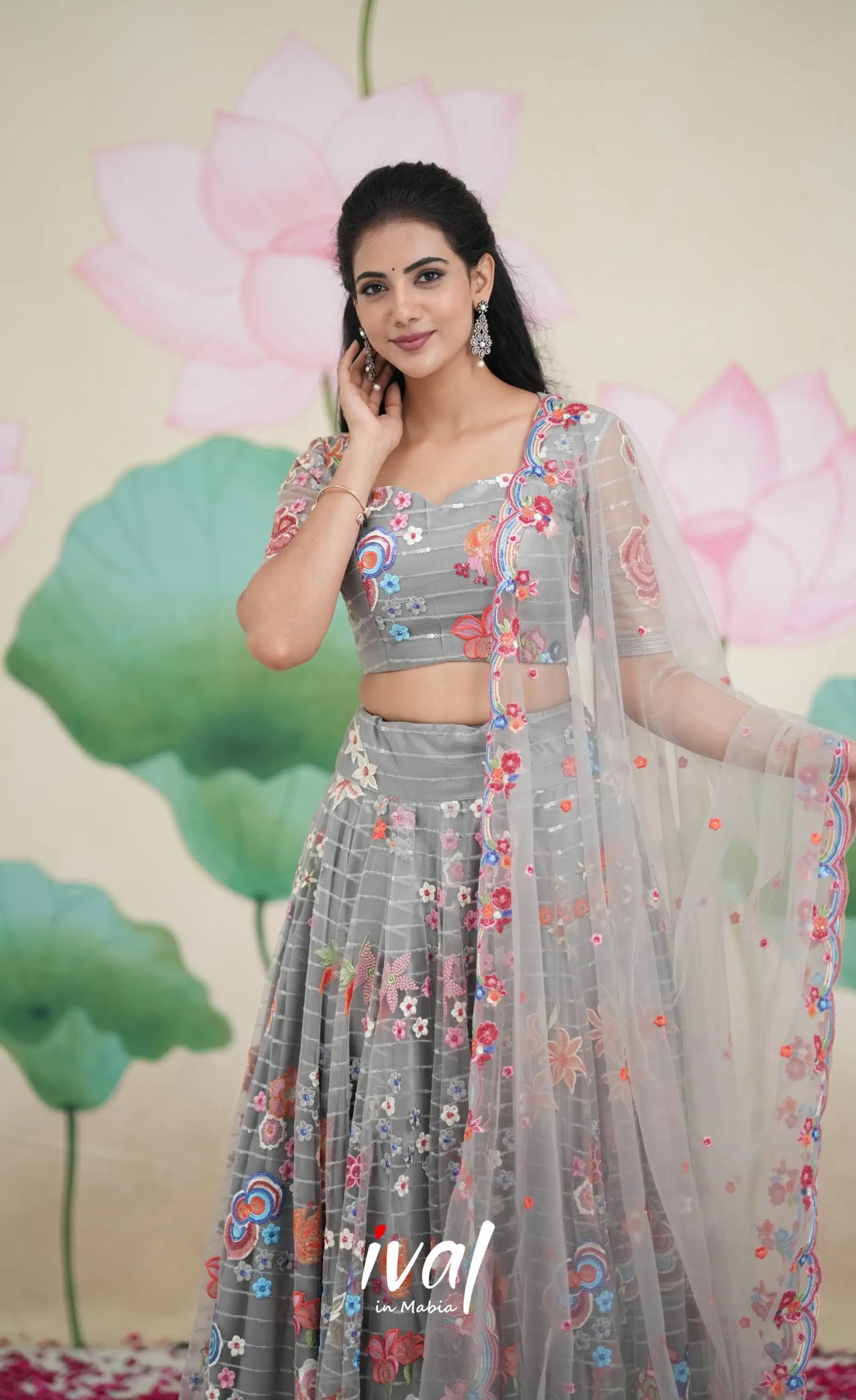 Coral - Grey Net Lehenga crop top and skirts