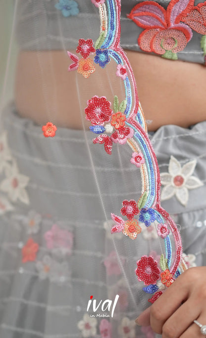 Coral - Grey Net Lehenga crop top and skirts