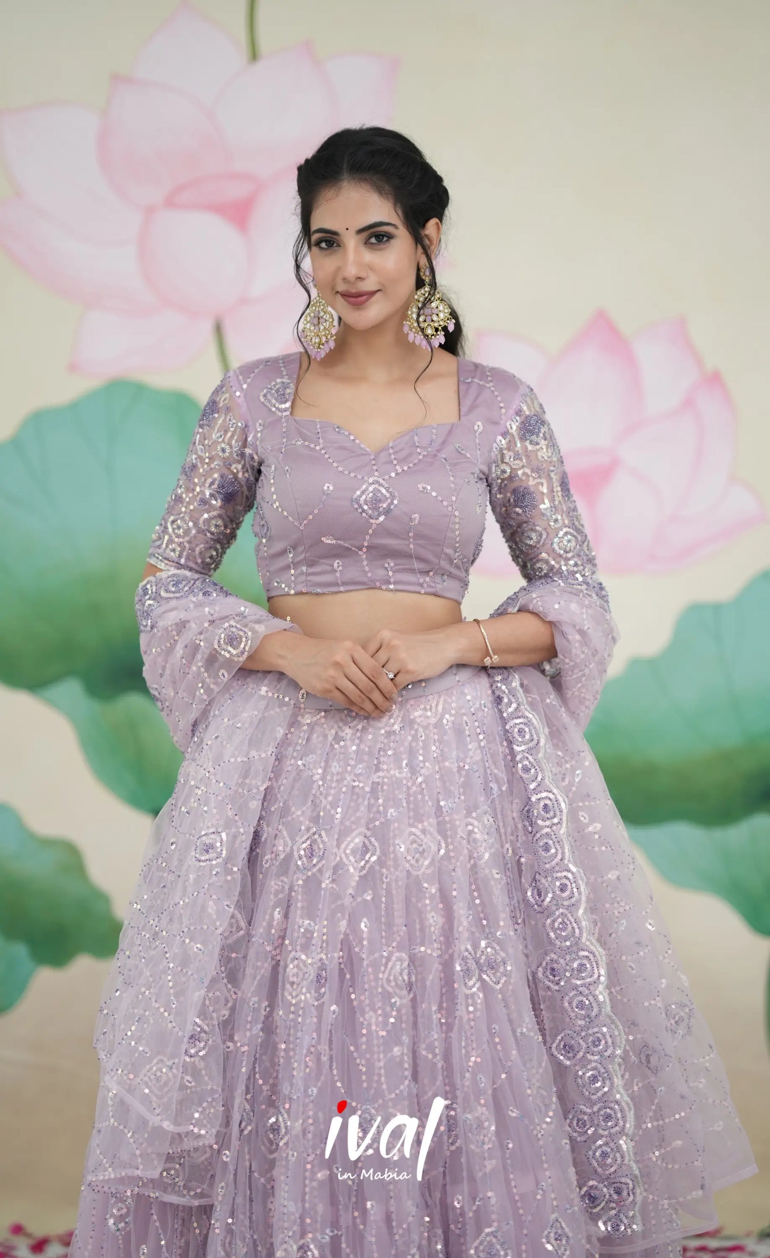 Coral - Lavender Net Lehenga crop top and skirts