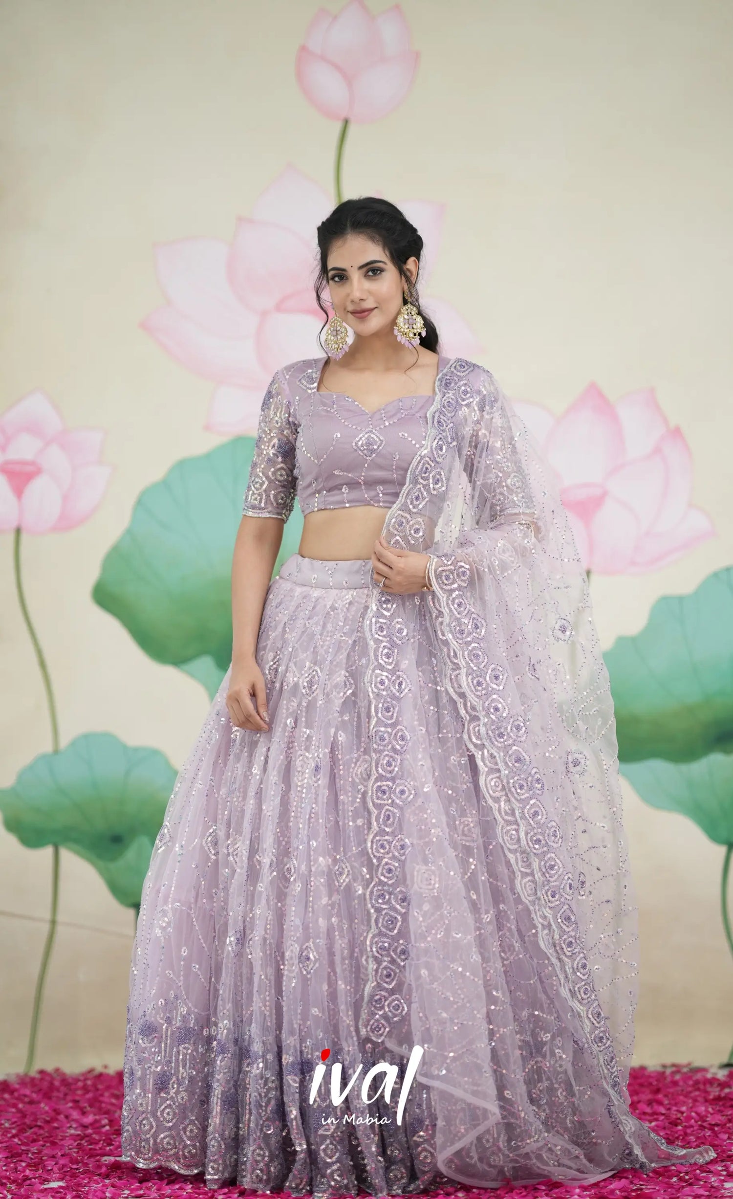 Coral - Lavender Net Lehenga crop top and skirts