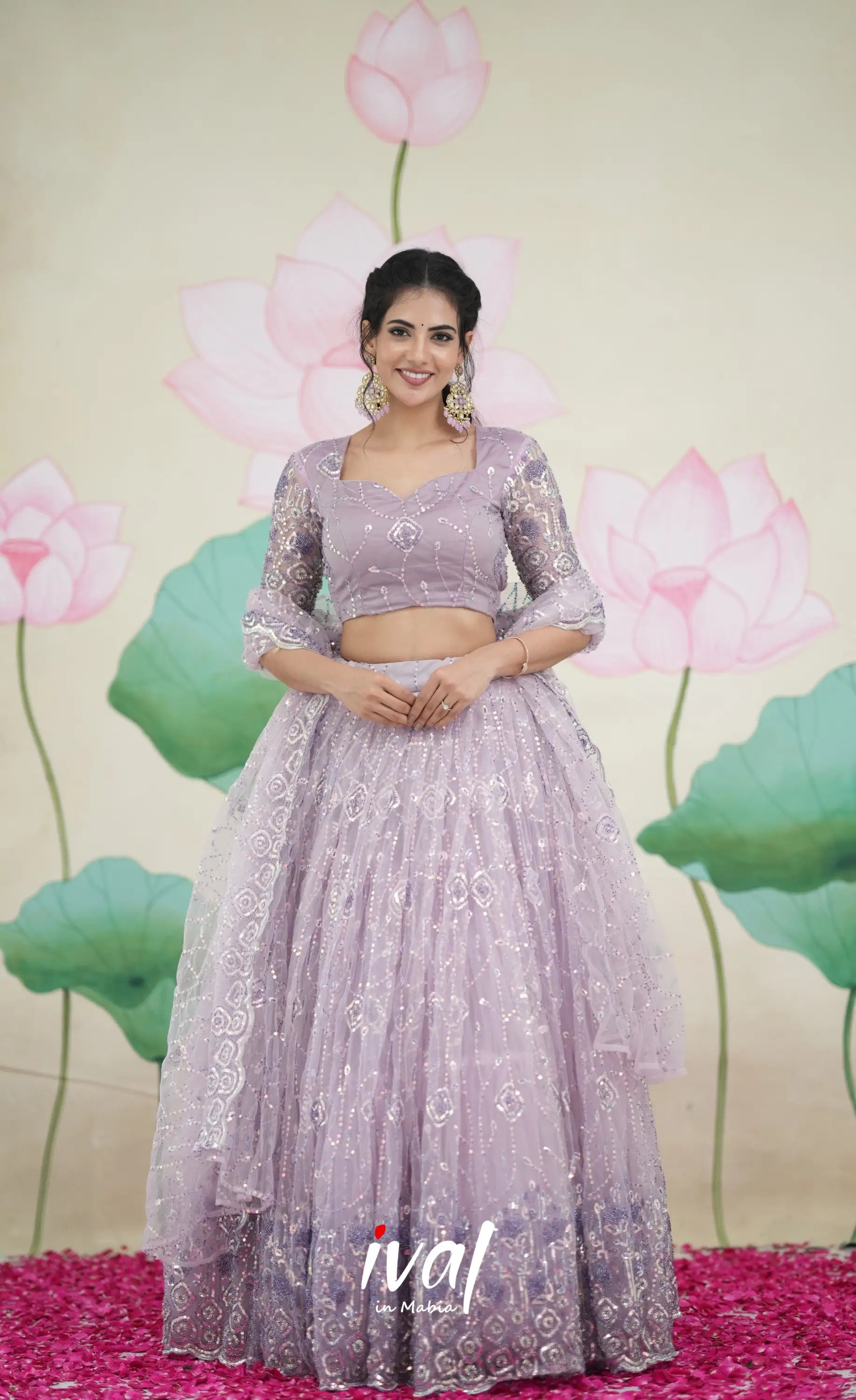 Coral - Lavender Net Lehenga crop top and skirts