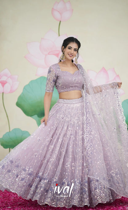 Coral - Lavender Net Lehenga crop top and skirts