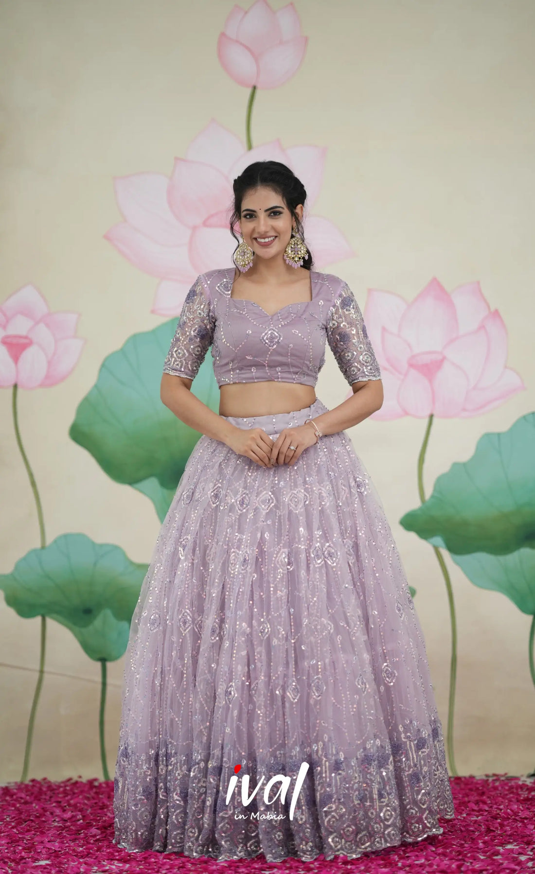 Coral - Lavender Net Lehenga crop top and skirts