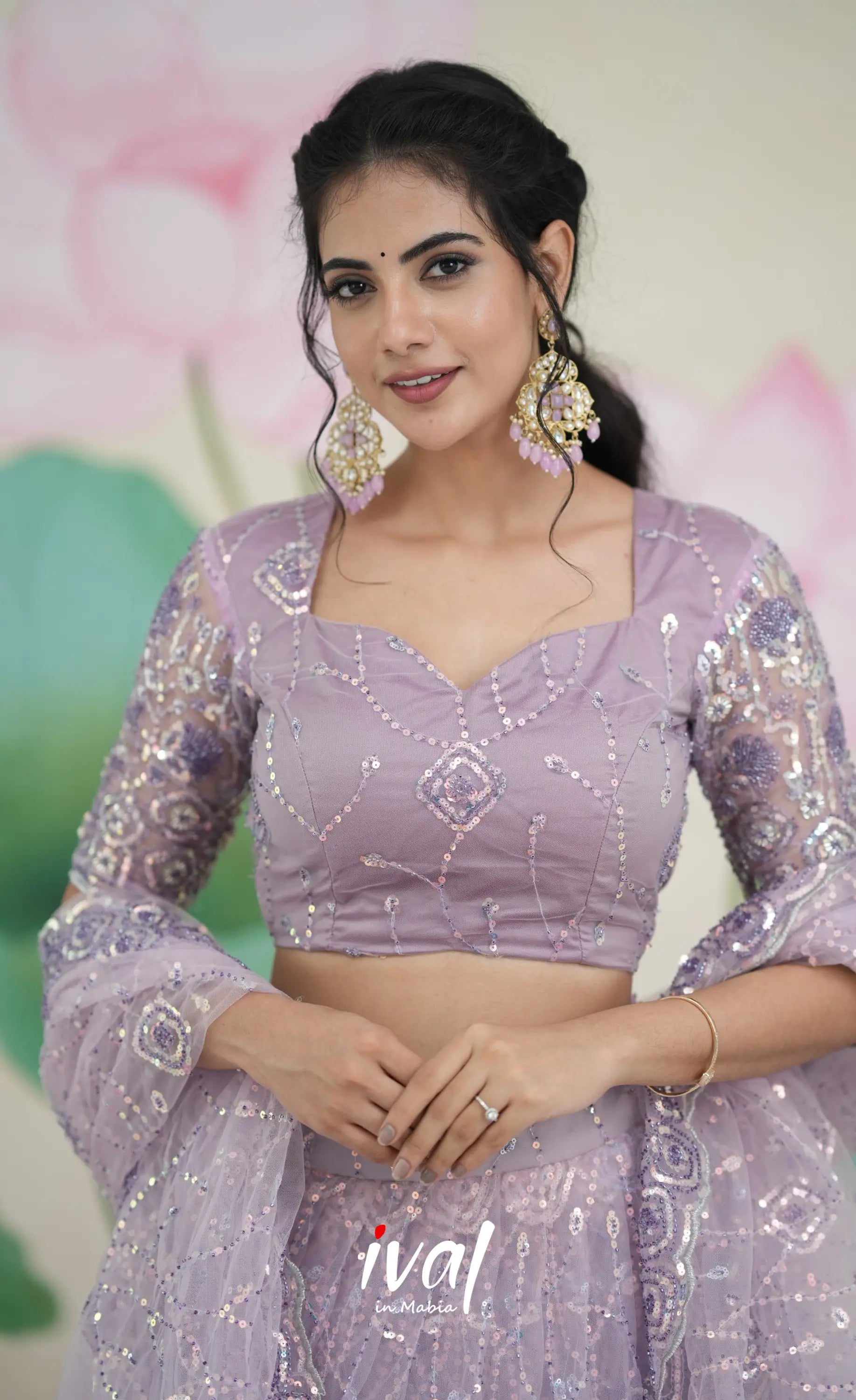 Coral - Lavender Net Lehenga crop top and skirts