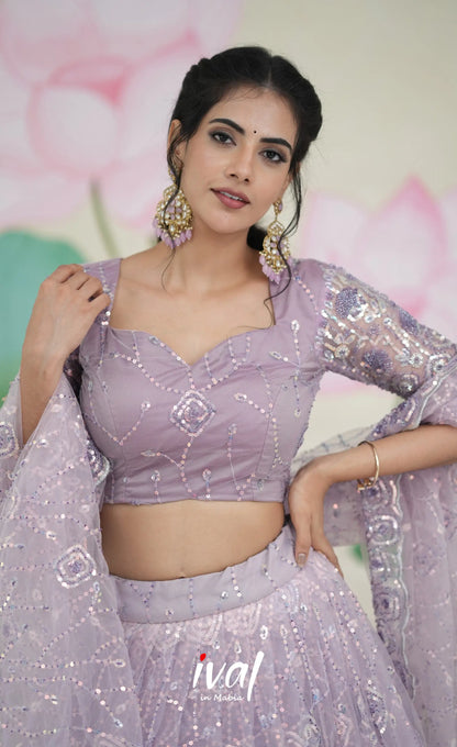 Coral - Lavender Net Lehenga crop top and skirts