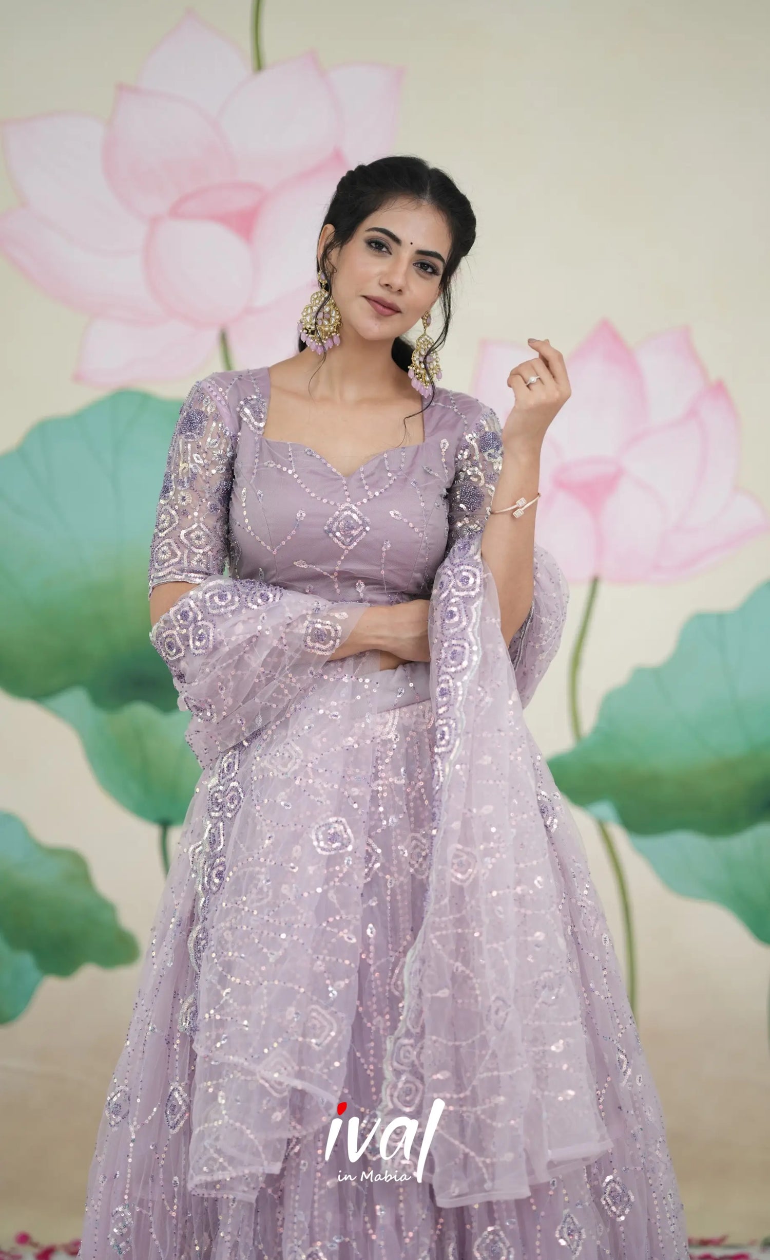 Coral - Lavender Net Lehenga crop top and skirts