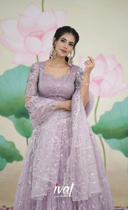 Coral - Lavender Net Lehenga crop top and skirts