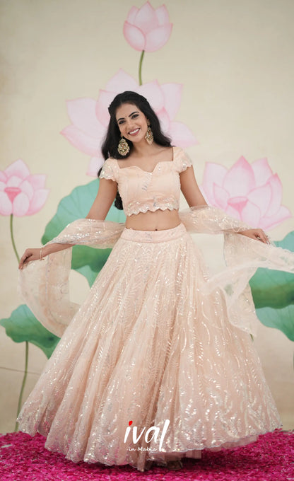 Coral - Light Peach Net Lehenga crop top and skirts