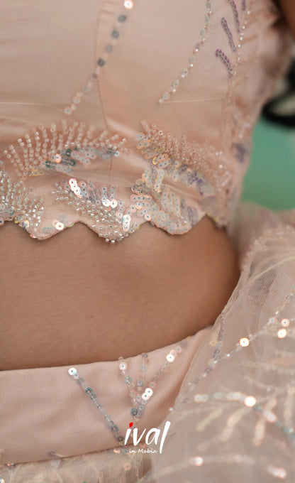 Coral - Light Peach Net Lehenga crop top and skirts