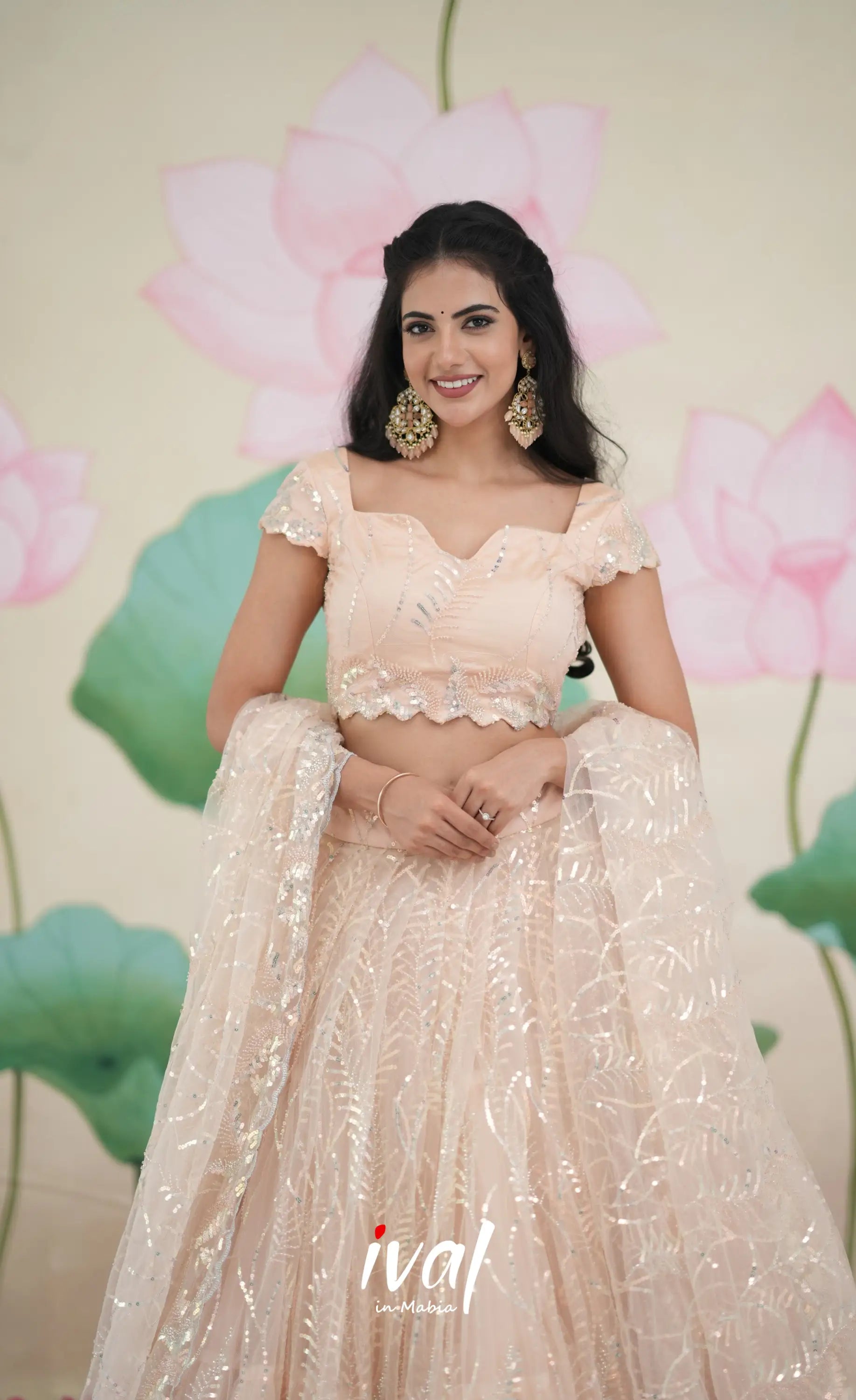Coral - Light Peach Net Lehenga crop top and skirts