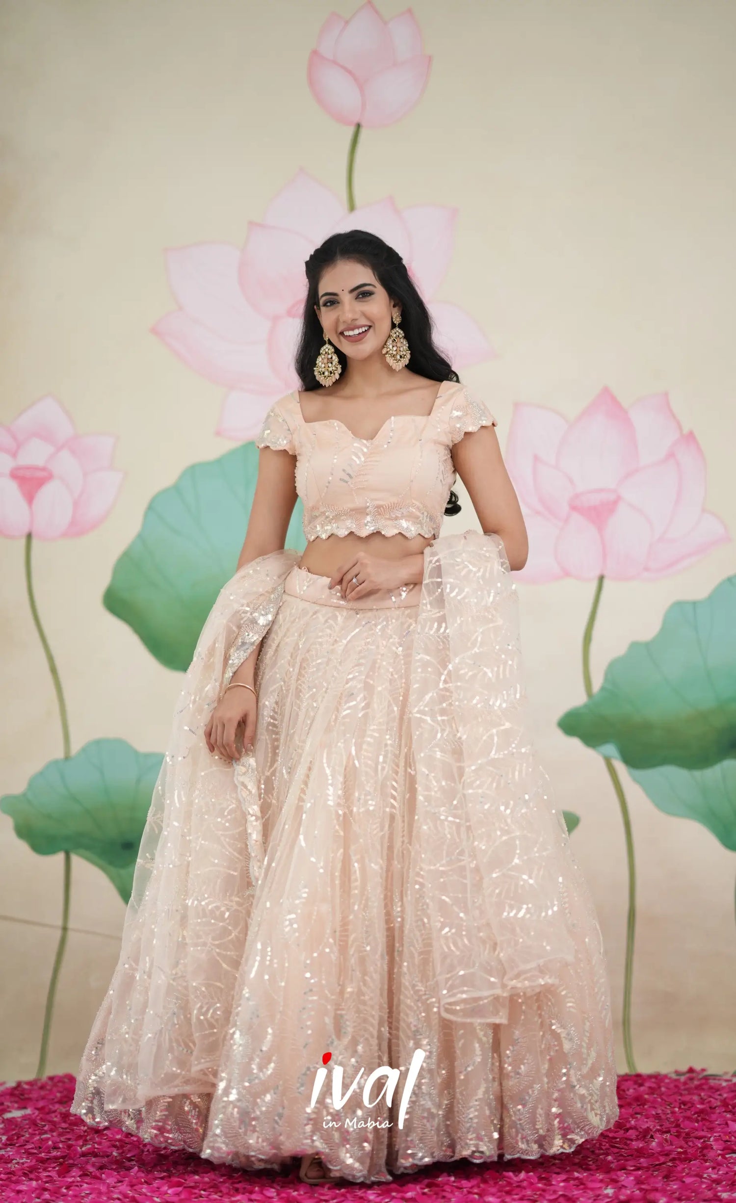 Coral - Light Peach Net Lehenga crop top and skirts