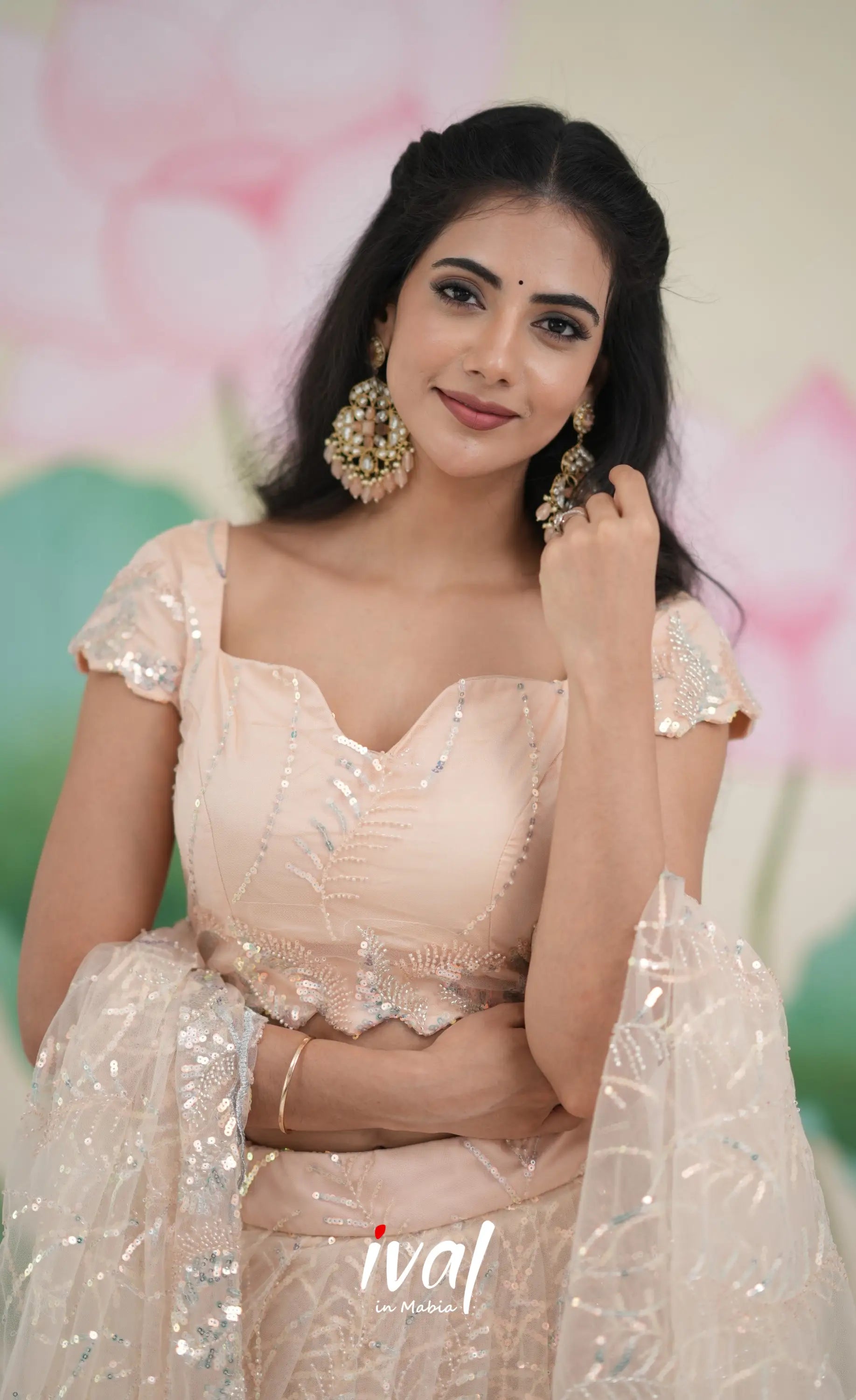 Coral - Light Peach Net Lehenga crop top and skirts