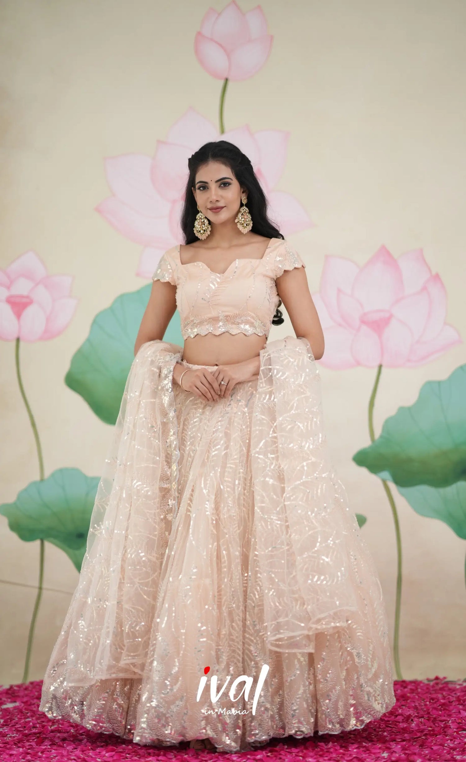 Coral - Light Peach Net Lehenga crop top and skirts