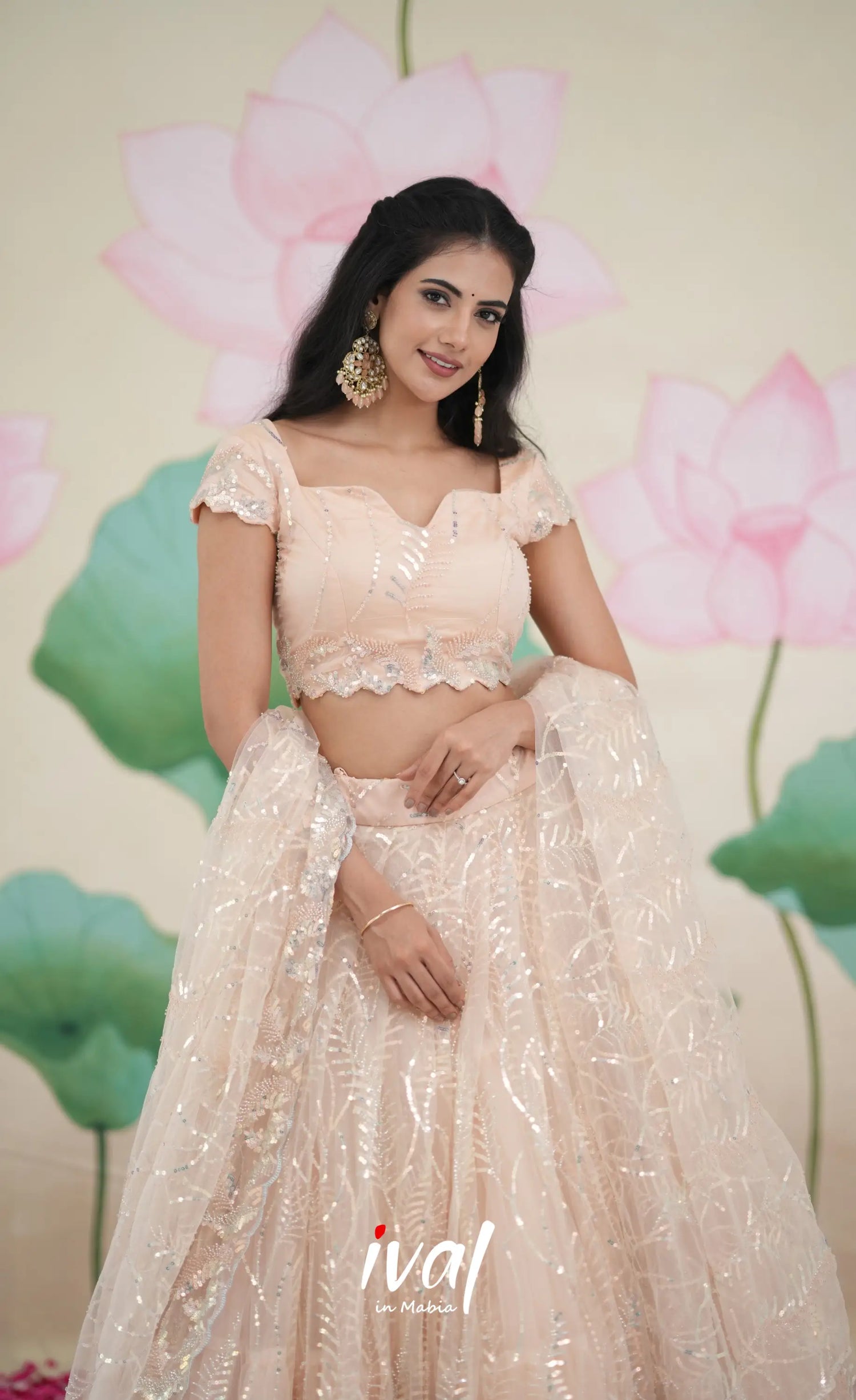 Coral - Light Peach Net Lehenga crop top and skirts