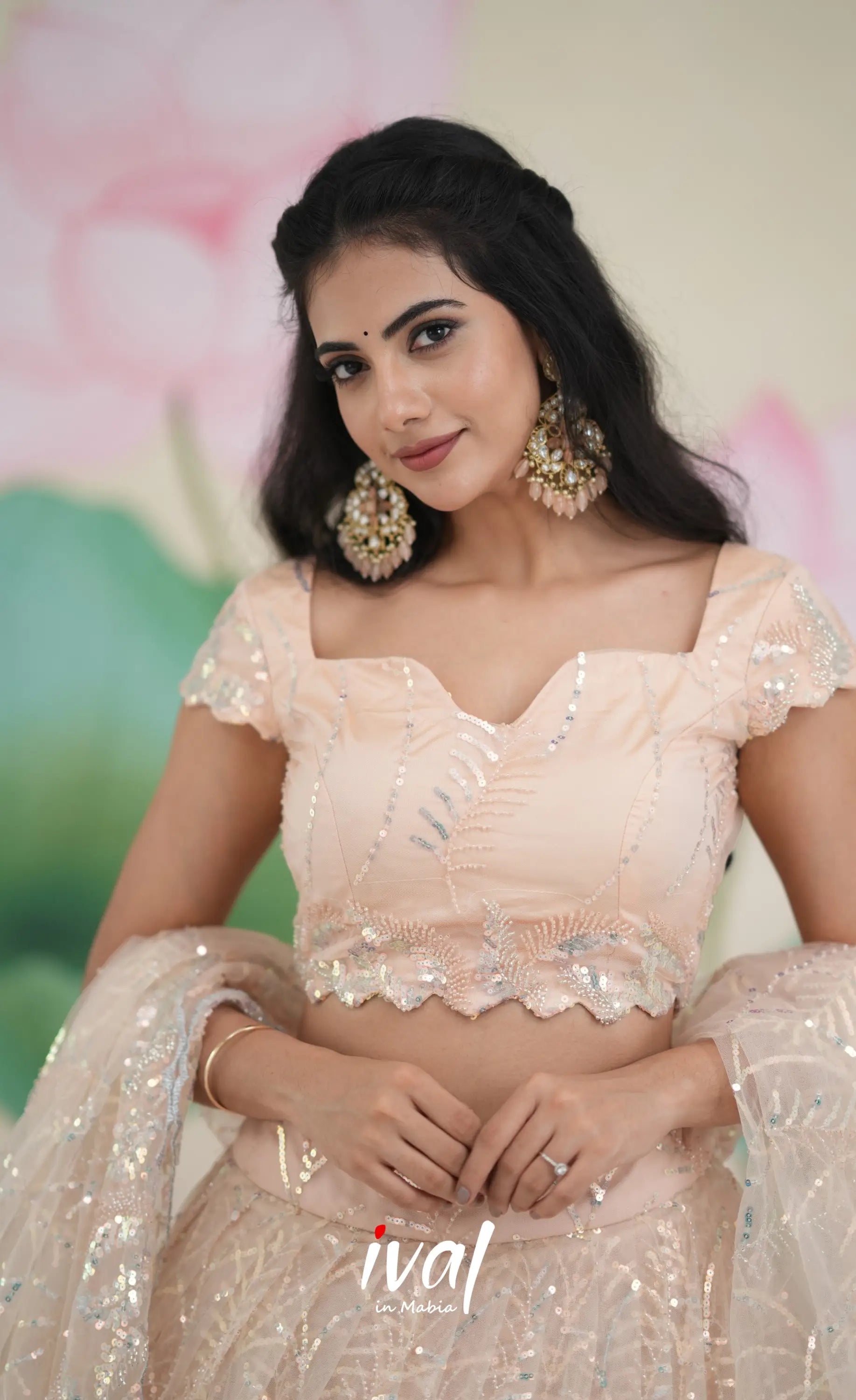 Coral - Light Peach Net Lehenga crop top and skirts