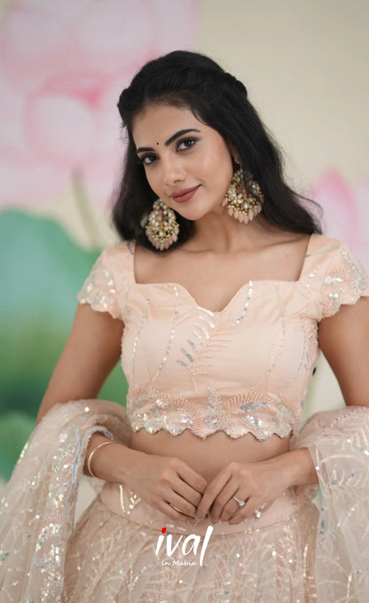 Coral - Light Peach Net Lehenga crop top and skirts