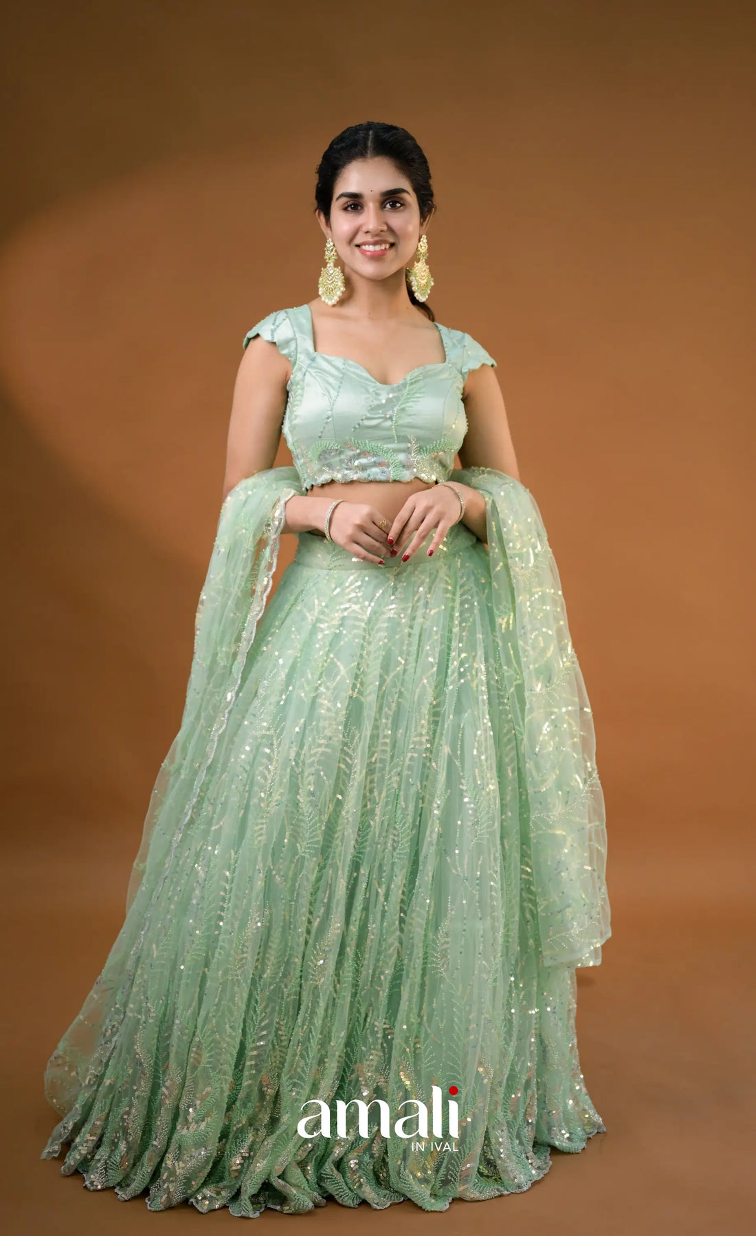 Coral - Light Teal Green Net Lehenga crop top and skirts