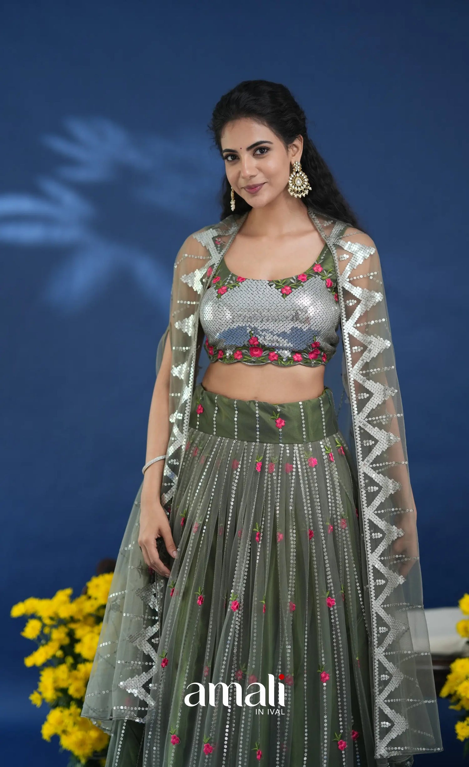 Coral Olive Green Net Lehenga crop top and skirts