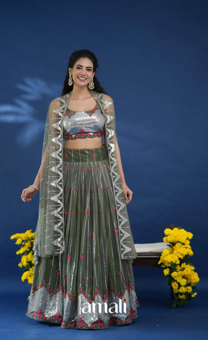 Coral Olive Green Net Lehenga crop top and skirts