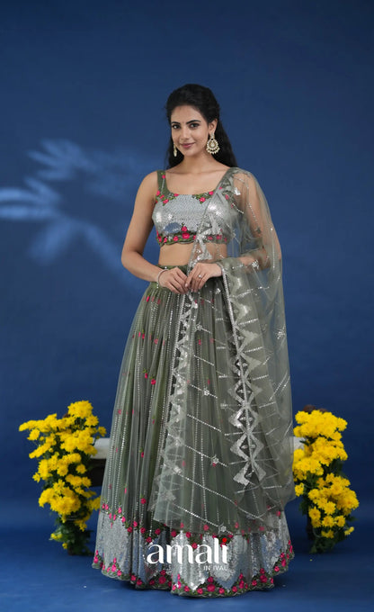 Coral Olive Green Net Lehenga crop top and skirts